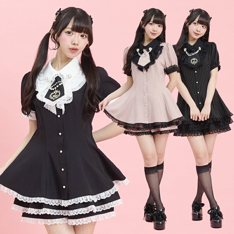 ラッフルネクタイ半袖セットアップ6/5 12:00 ピンク・ストライプクロ再入荷4/22 12:00 販売スタートsecrethoney　シークレットハニー　シーハニ　量産型　地雷系　参戦服　レディース　可愛い　無地　ストライプ　ピンク　ブラック　黒