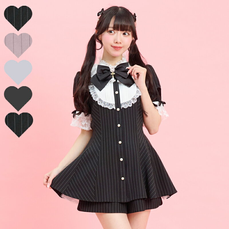 バッスル半袖セットアップ5/2 12:00 新色販売スタート4/17 12:00 ピンク再入荷4/15 12:00 販売スタートsecrethoney　シークレットハニー　シーハニ　量産型　レディース　ガーリー　半袖　無地　ストライプ　ピンク　グレー　ブラック　黒　レース（楽天・Secret Honey）