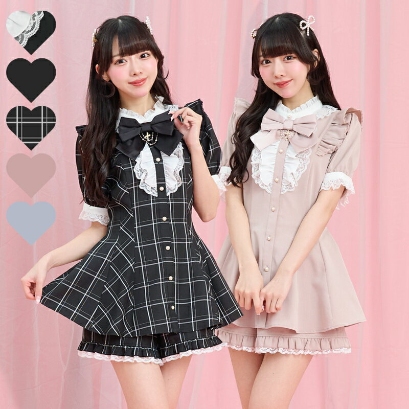 アクセサリーリボンレースフリル半袖セットアップ5/2 12:00 ピンク再入荷4/10 12:00 販売スタートsecrethoney　シークレットハニー　シーハニ　量産型　レディース　ガーリー　無地　チェック　ブラック　黒　ピンク　グレー（楽天・Secret Honey）