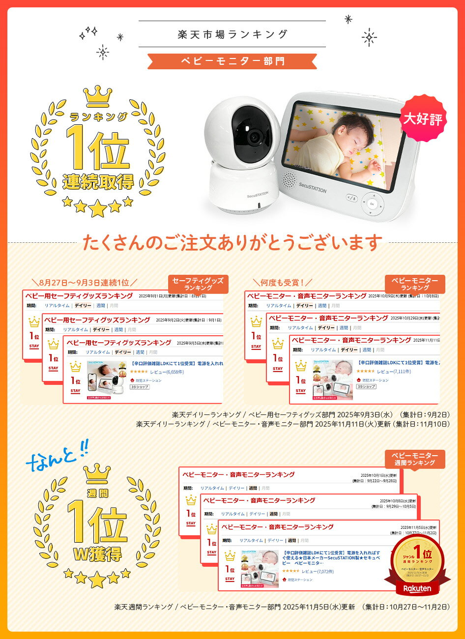 【辛口評価雑誌LDKにて1位受賞】電源を入れればすぐ使える★日本メーカーSecuSTATION製★セキュベビー　ベビーモニター 見守りカメラ wifi不要 スマホ不要 モニター付き デュアルタイプ スマホ連動 赤ちゃん ベビーカメラ 赤外線 会話 温度 音声 ワイヤレス XB53K TB53K