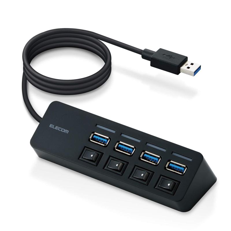 HITACHI - エレコム USBハブ U3H-S418BBK/EC USB3.0 Aポート×4 バスパワー マグネット・スイッチ付 ケーブル長1.0m ブラック MacBook/Surface/Chromebook他 ノートPC対応