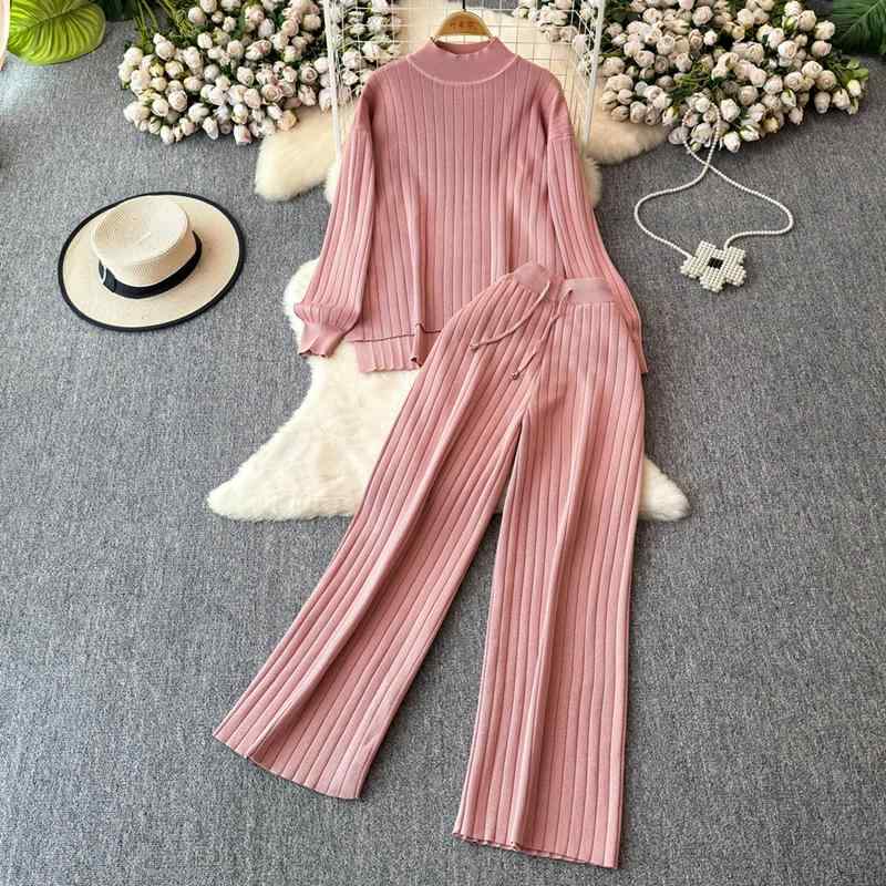 セットアップ レディース 韓国ファッション 長袖 ラウンドネック リブニット トップス カットソー 着痩せ スタイルアップ きれいめ ハイウエスト ストレート ワイドパンツ 2点セット