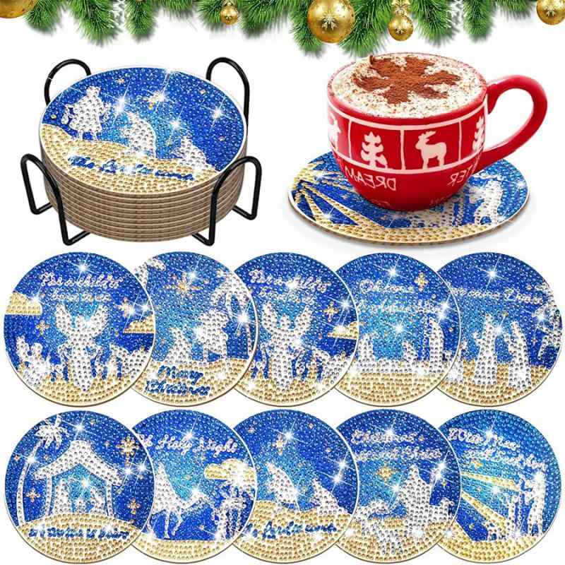 コースター DIY ジルコニアアート 10個セット ブルー クリスマス柄 木製 手作りキット モダン シンプル インテリア雑貨 プレゼント 趣味 ホビー 大人向け(x2)