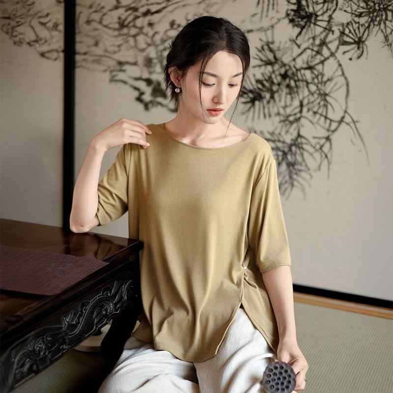 Tシャツ レディース 半袖 クルーネック 高級感 トリアセテート混紡 デザイン 無地 ゆったり プルオーバー エレガント 通勤