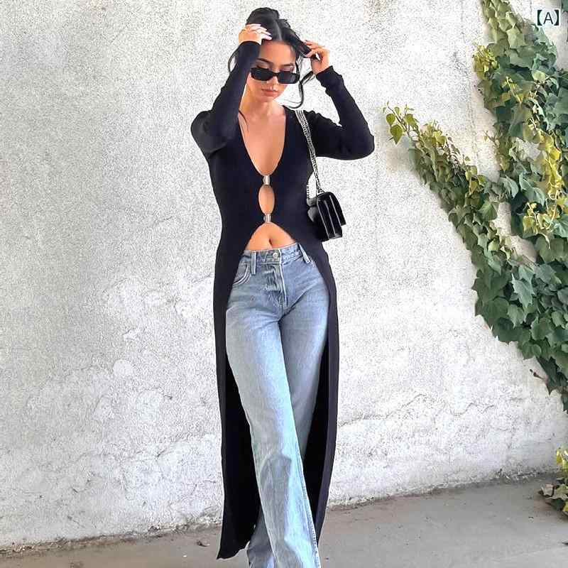 レディース トップス スタイリッシュ V ネック 金属 バックル スリット ロングカーディガン T シャツ 女性 秋 黒 スリム