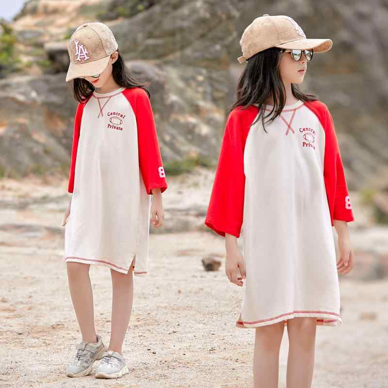 T-Shirts （Short Sleeve） - 吸汗速乾 ワンピース キッズ 女の子 春夏 七分袖 Tシャツワンピース 韓国風 カジュアル 綿混 無地 ラウンドネック 親子お揃い