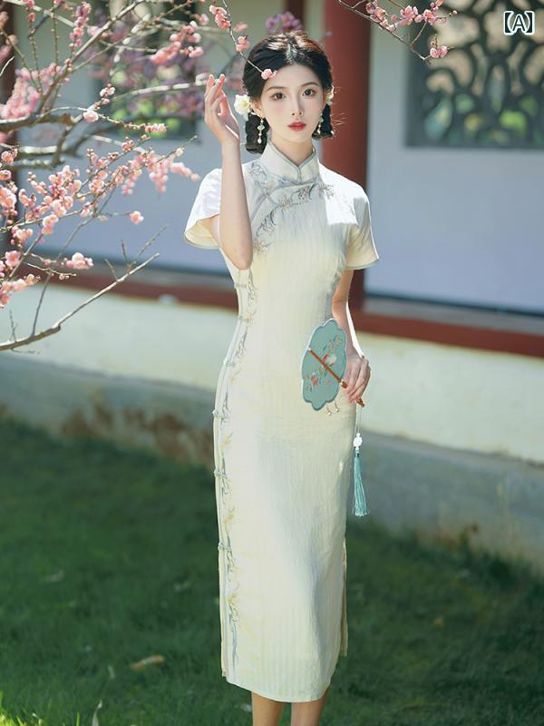レディース 夏 チャイニーズ スタイル ワンピース おしゃれ 上品 婦人服 民族風 チャイナ ドレス 少女 ハイエンド エレガント 女性 半袖 ロング スカート