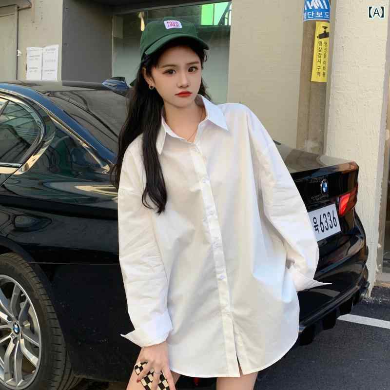 レディース トップス シャツ BF 白 秋冬 ミドル丈 ポロ カラー 不規則 女性