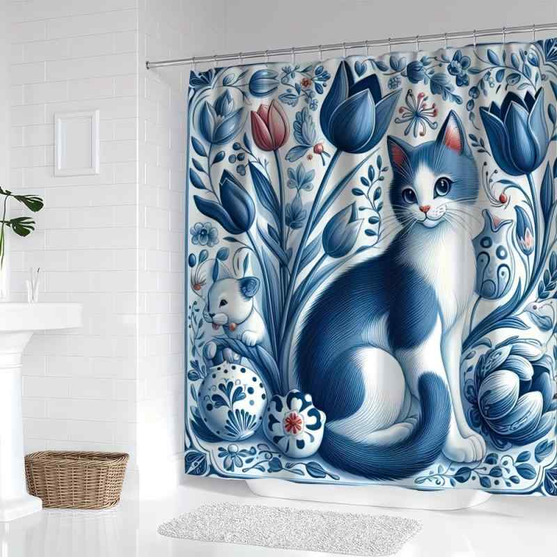 シャワーカーテン 青白猫 ねこ 花柄 フラワー柄 防水 防カビ 軽量 ポリエステル製 バスルーム 間仕切り 目隠し おしゃれ モダン シンプル 洗面所 かわいい