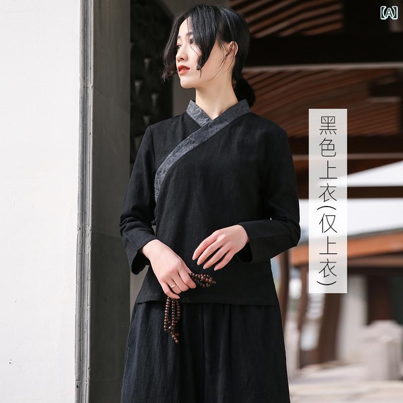 綿麻 漢服 上着 茶芸 作務衣 唐服 レディース チャイナ風 ナチュラル 秋服 茶師服 瞑想服 芸術 ブラック
