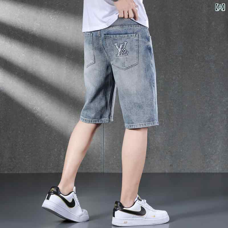 メンズ 夏 パンツ デニム ハーフ ひざ丈 ライト カラー 刺繍入り ショート 用 薄手 クォーター ストレート ウォッシュ アンド エイジ サマー