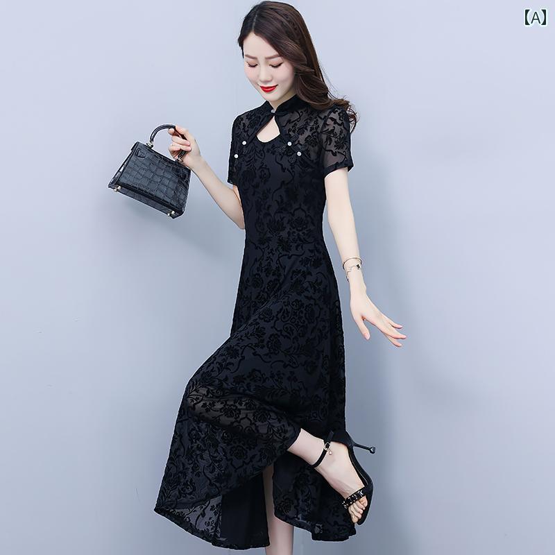 レディース 夏 ワンピース きれいめ 上品 ミセス 婦人服 黒 チャイナ ドレス 女性 母 若々しい ハイエンド ロング