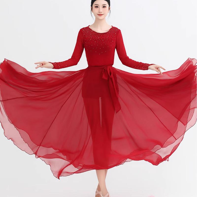 トップス スカート セット レッド 長袖 ガーゼ ドレス ダンス 衣装 レディース ロング 長袖 パフォーマンス 練習 シースルー 透け感