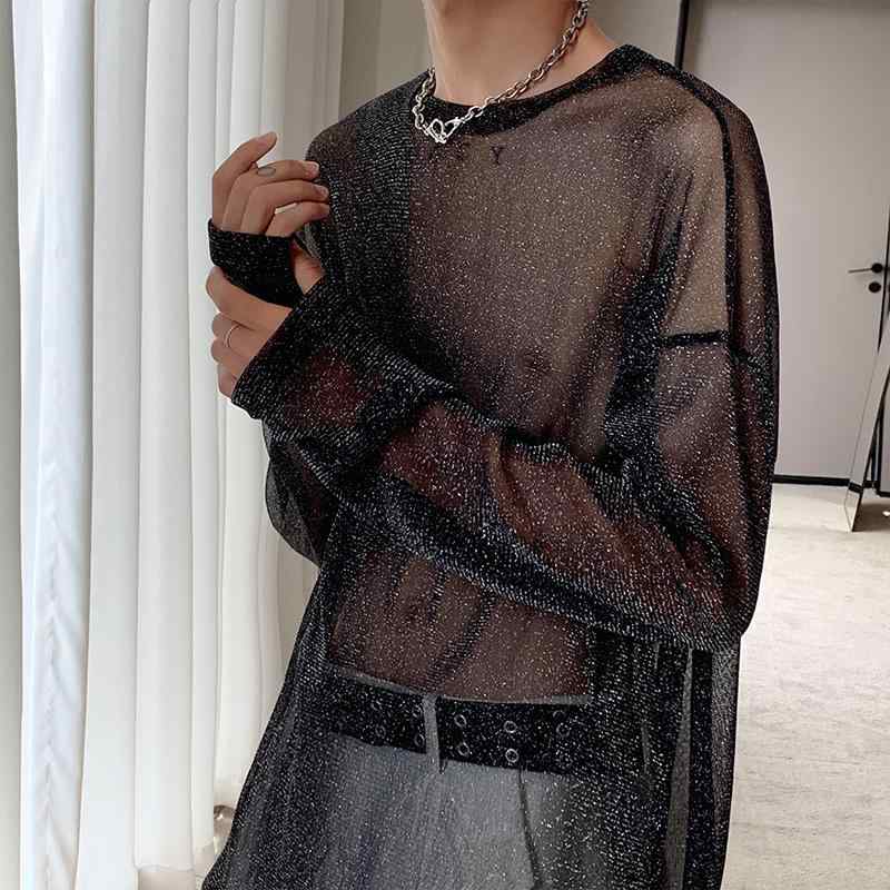 シャツ 長袖 ニット トップス 韓国 パール 光沢 日焼け防止 優雅 T 男性 女性 シースルー メッシュ 冷感 ブラウス