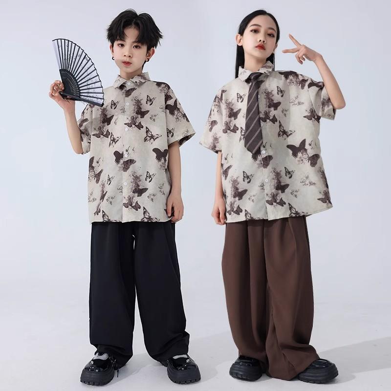 衣装 子供 ストリート ダンス 服 ヒップホップ 蝶 レトロ シャツ セット 男の子 パ...