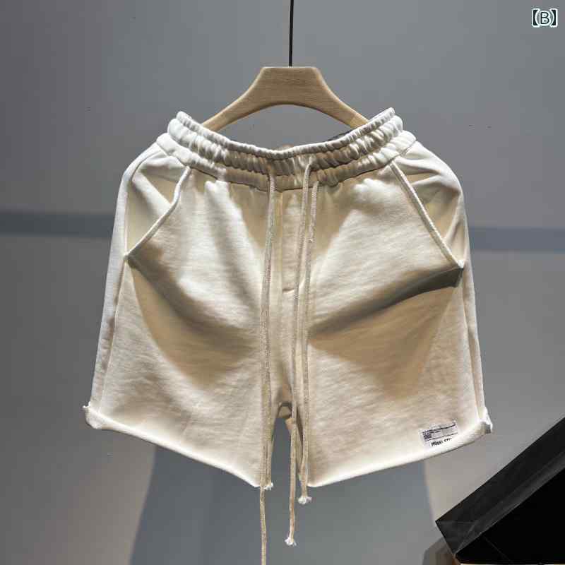 メンズ 夏 パンツ ハーフ バスパン アメリカン ストリート イン シンプル ロー エッジ ショート スウェット ストレート レッグ スポーツ 五分丈