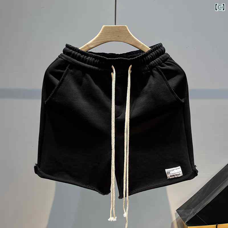 メンズ 夏 パンツ ハーフ バスパン アメリカン ストリート イン シンプル ロー エッジ ショート スウェット ストレート レッグ スポーツ 五分丈