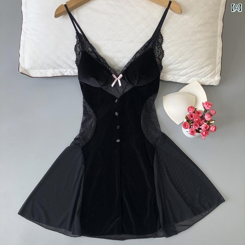 ベビードール ランジェリー パジャマ ネグリジェ キャミソール ナイトウェア レディース 魅惑的 秋冬 胸パッド付き ゴールド ベルベット レース 無地 サスペンダー ナイトガウン スリムフィット ムード ホームウェア