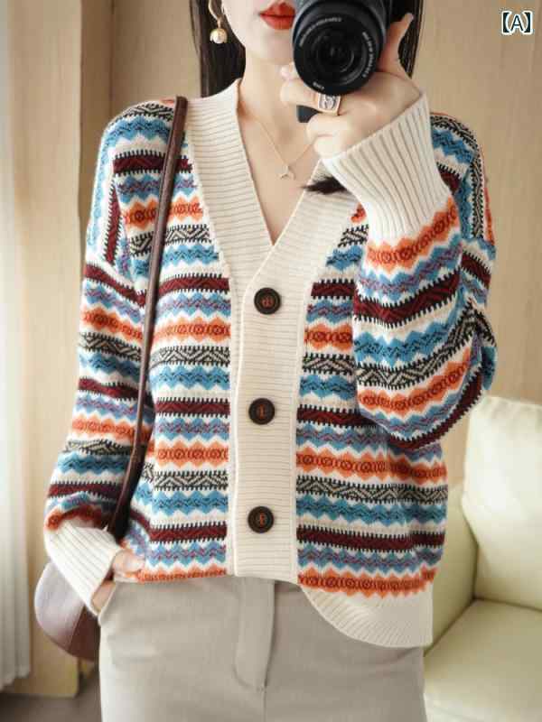 レディース カジュアル トップス セーター スタイリッシュ V ネック ニット カーディガン 女性 春秋 レトロ ジャカード おしゃれ ソフト ワックス 長袖 ジャケット