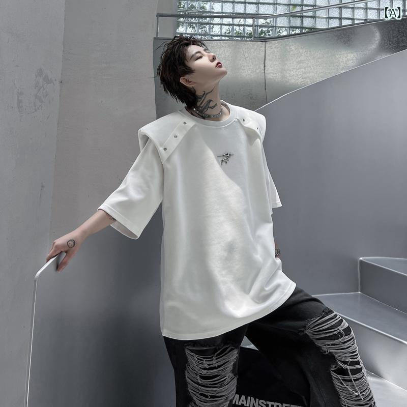 夏 メタルプリント メンズ ラウンドネック 半袖 Tシャツ メンズ 普段着 コットン ゆったり トップ 金属装飾