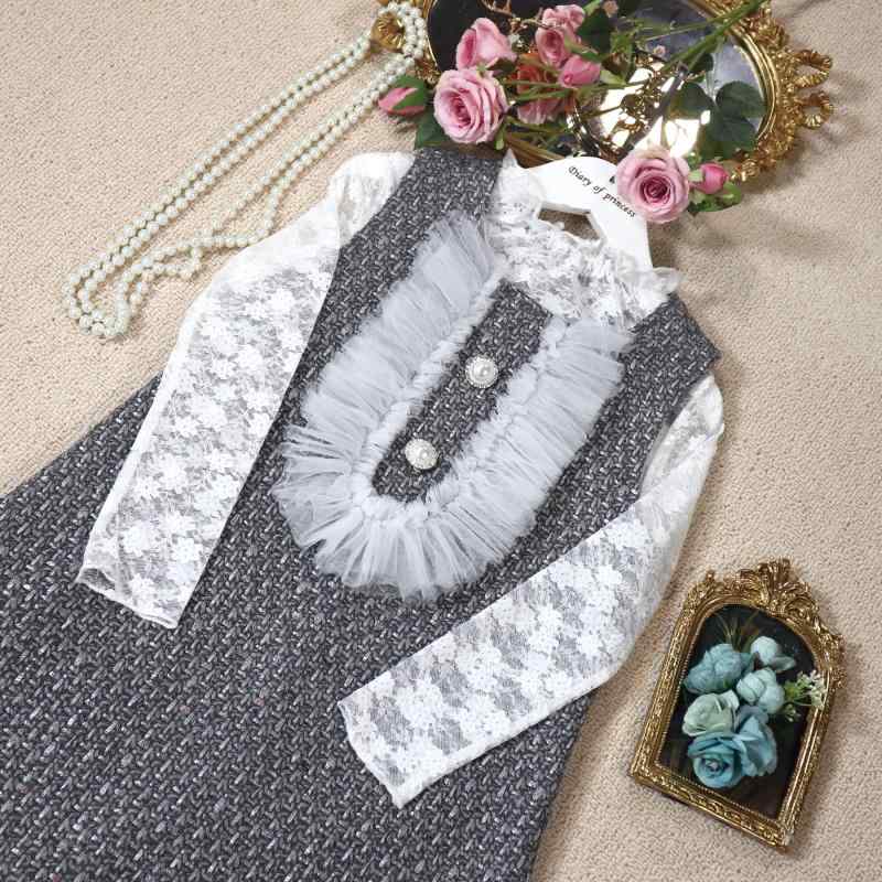 スカート ドレス キッズ ファッション 子供服 秋冬 女の子 ベスト ワンピース 小さい 香る フリル パールボタン プリンセス グレー