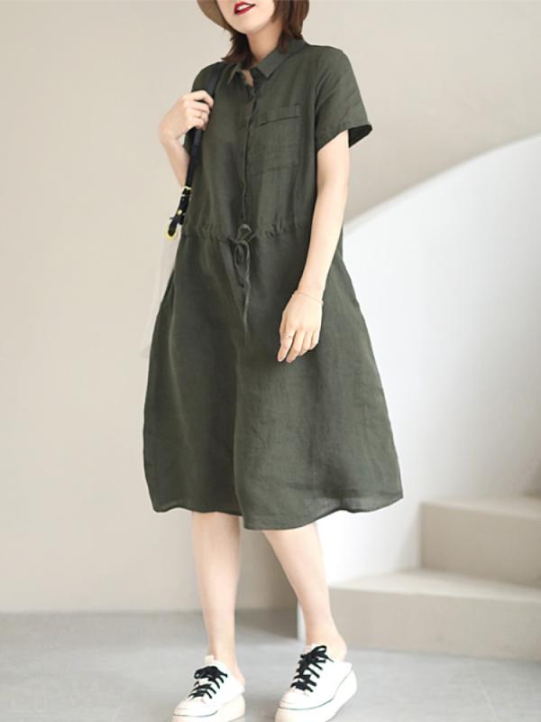 ワンピース レディース 夏 韓国 カジュアル スリムフィット 無地 ウエスト 巾着 シャツ レディース 半袖 シンプル