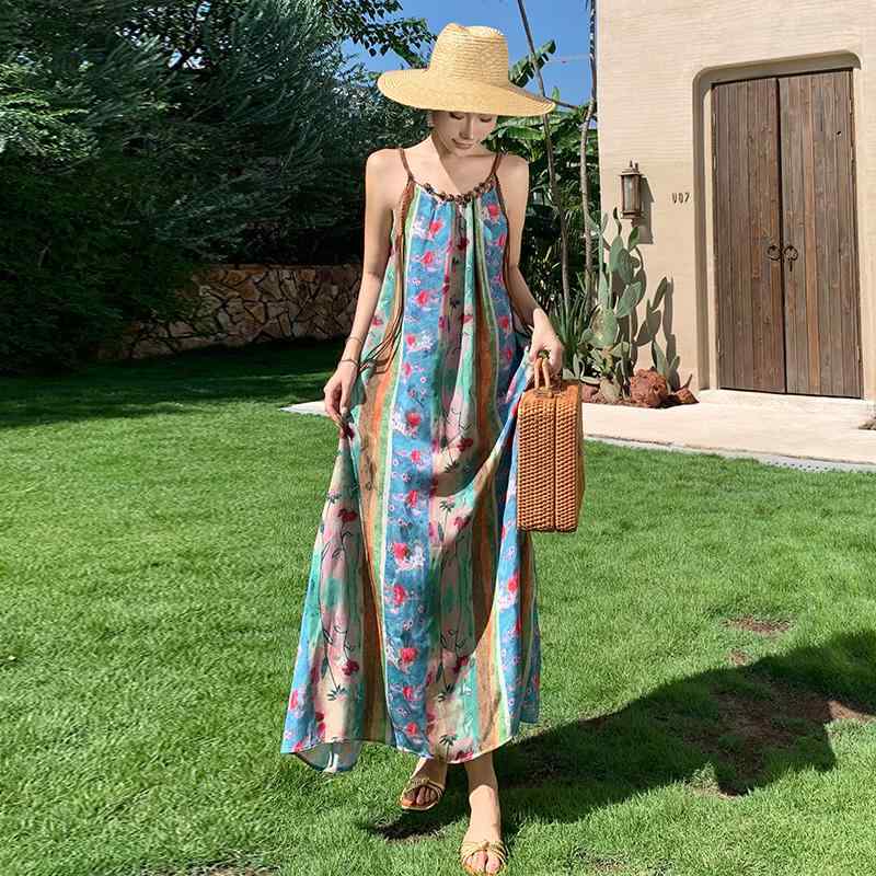 チャイナ風 レトロ かわいい 丈 ノースリーブ 夏ドレス リゾート エスニック 花柄 レディース