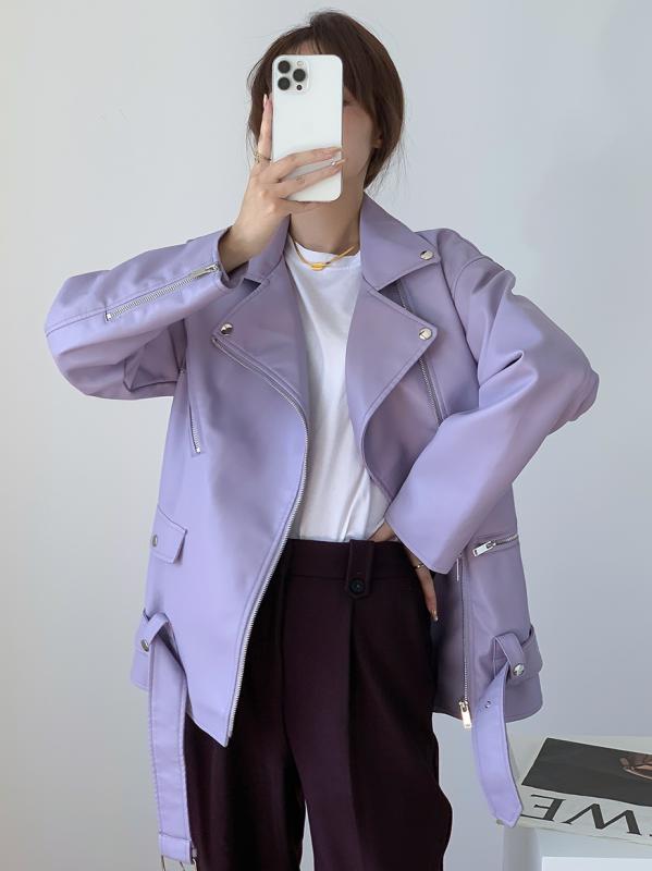 ジャケット アウター かっこいい 韓国 東大門 パープル レザー 女性 イン ベージュ オートバイ トップス 黒 レザー