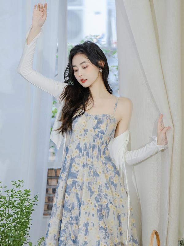 レディース ワンピース ドレス レトロ シフォン 夏 フレンチ キャミソール カーディガン セット