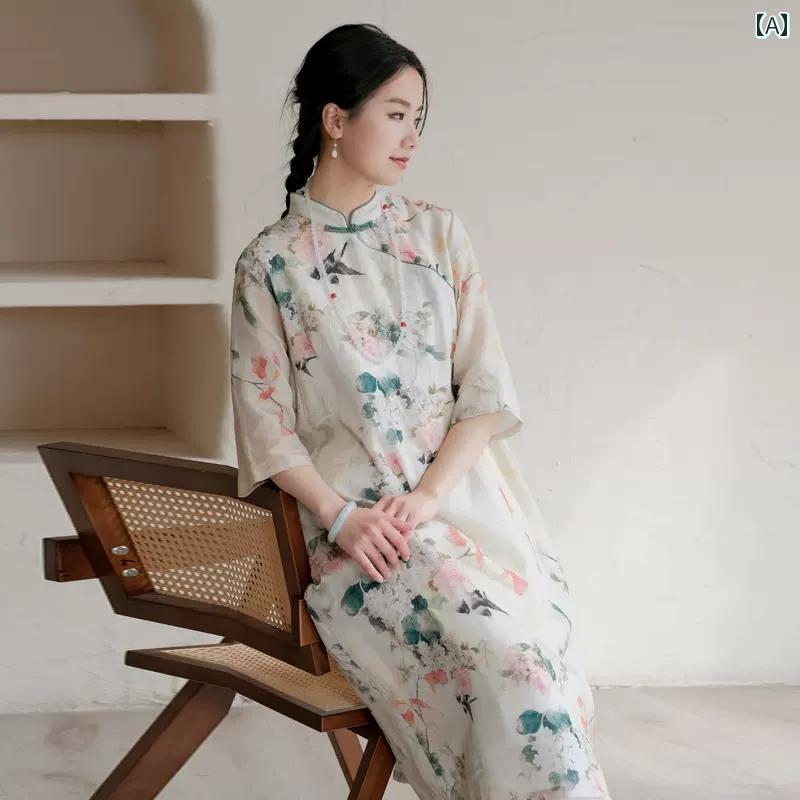 レディース 夏 チャイニーズ スタイル ワンピース おしゃれ 上品 婦人服 文学 レトロ ラミー チャイナ ドレス 女性 中華風 スタンドカラー 斜め 前立て ディスク ボタン ロング スカート