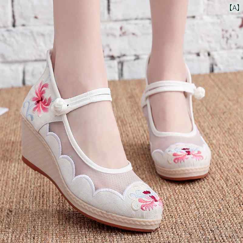 夏 パンプス おしゃれ メリージェーン 春 靴 刺繍 ウェッジ ヒール エスニック ダンス シューズ ラウンドトゥ バックル ストラップ ハイヒール