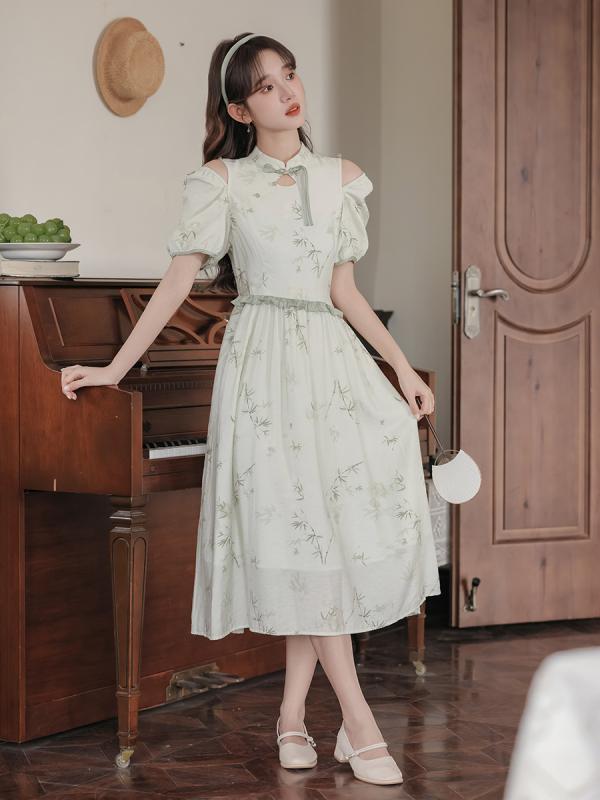 レディース 学生 ワンピース シンプル 夏 チャイナ風 花柄 ナチュラル かわいい 涼しげ フェアリー 森ガール