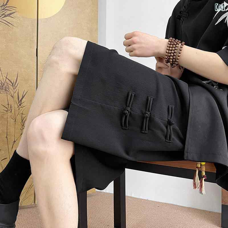 ショートパンツ メンズ 大きいサイズ チャイナ風 クレープ生地 接触冷感 5分丈 ワイドパンツ コットン混 ゆったり 薄手 涼しい カジュアル 無地 夏
