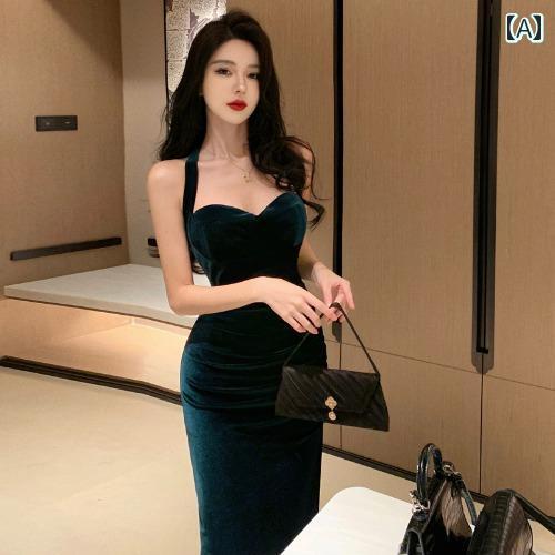 レディース ワンピース ベルベット サスペンダー ホルター ドレス 秋冬 レトロ V ネック スリム ヒップ ハグ ホリデー バック レス 誕生日 ロング スカート