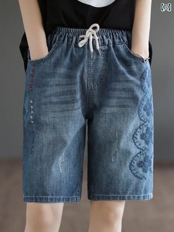レディース パンツ ハーフ シングル レトロ 刺繍 デニムショート ゆったり 大きいサイズ コットンストレッチ 五分丈 ストレート