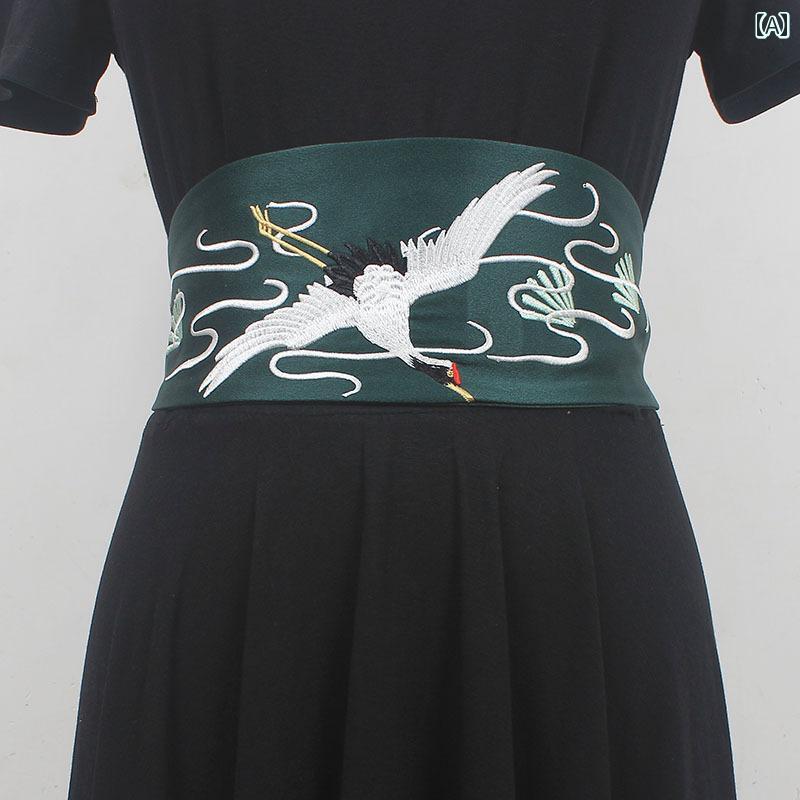 レディース ファッション ベルト チャイナ風 鶴 刺繍 レディース ワイド ウエストゴム 漢服 ウエストベルト