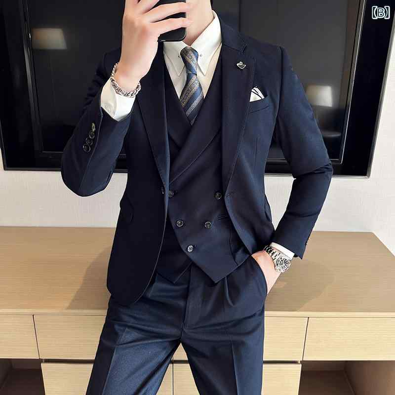 スーツ メンズ ビジネス メンズ スリム 結婚式 新郎 フォーマル 3点 セットアップ 大きめサイズ おしゃれ ファッション フラットカラー