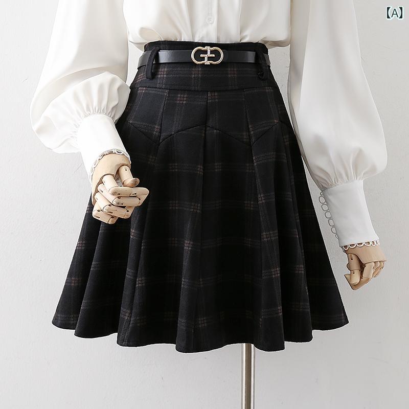 Skirts - スカート レディース ウール チェック柄 ショート 秋冬 ハイウエスト プリーツ ウール スタイリッシュ ミッド aライン アンブレラ