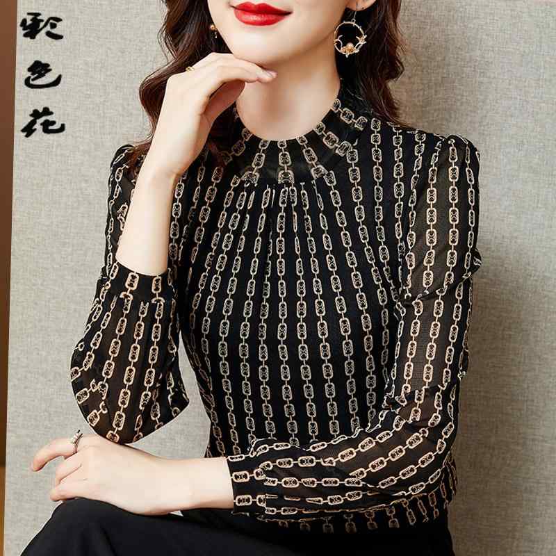 トップス シャツ レディース マザーズ 婦人服 普段使い インナー スタンドカラー 春秋 柄 メッシュ スリム 長袖 Tシャツ レディース スタイリッシュ 小さい