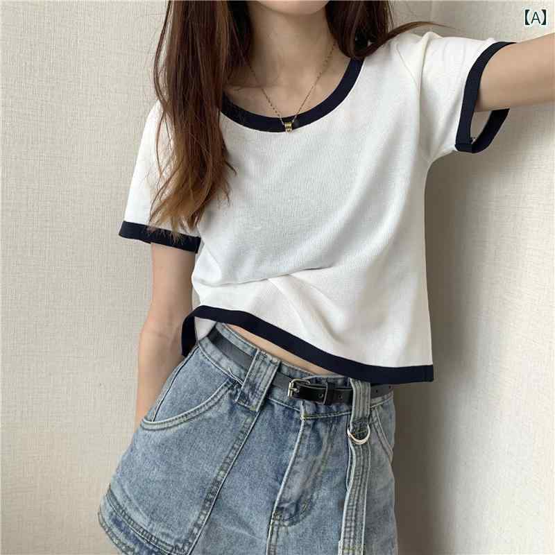 レディース カジュアル 夏 トップス 小さい レトロ 韓国 半袖 セーター 春 ショート T シャツ