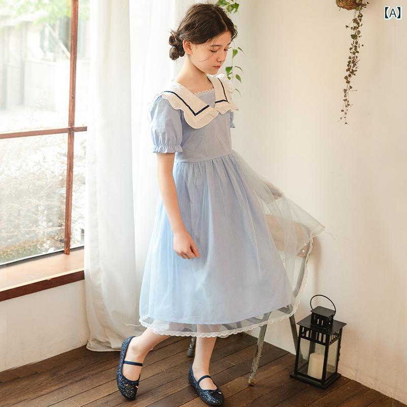 夏 ワンピース かわいい 女の子 ガールズ 半袖 ドレス 子供 人形 襟 レース プリンセス メッシュ スカート