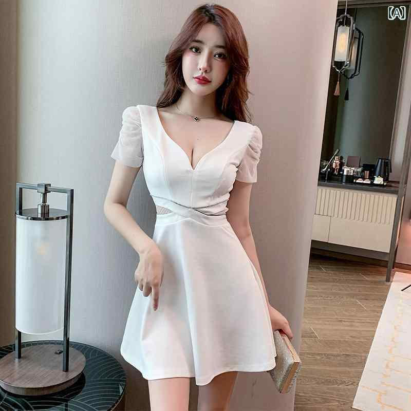 レディース フレア ショート ドレス セクシー エレガント かわいい きれいめ 韓国 イベント パーティー 美容 サロン 制服 キャバ デート アップ 映え