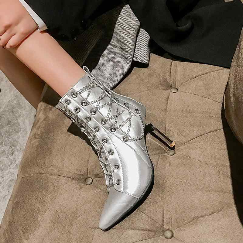ブーツ レディース 8cmヒール スティレットヒール ポインテッドトゥ チェーン装飾 サイドジップ 光沢PU..