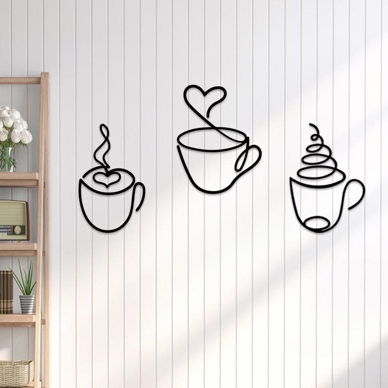 ウォールデコレーション メタル製 おしゃれなコーヒーカップ 3点セット モダンデザイン カフェ レストラン バー 店舗用 壁掛けインテリア リビング 玄関装飾