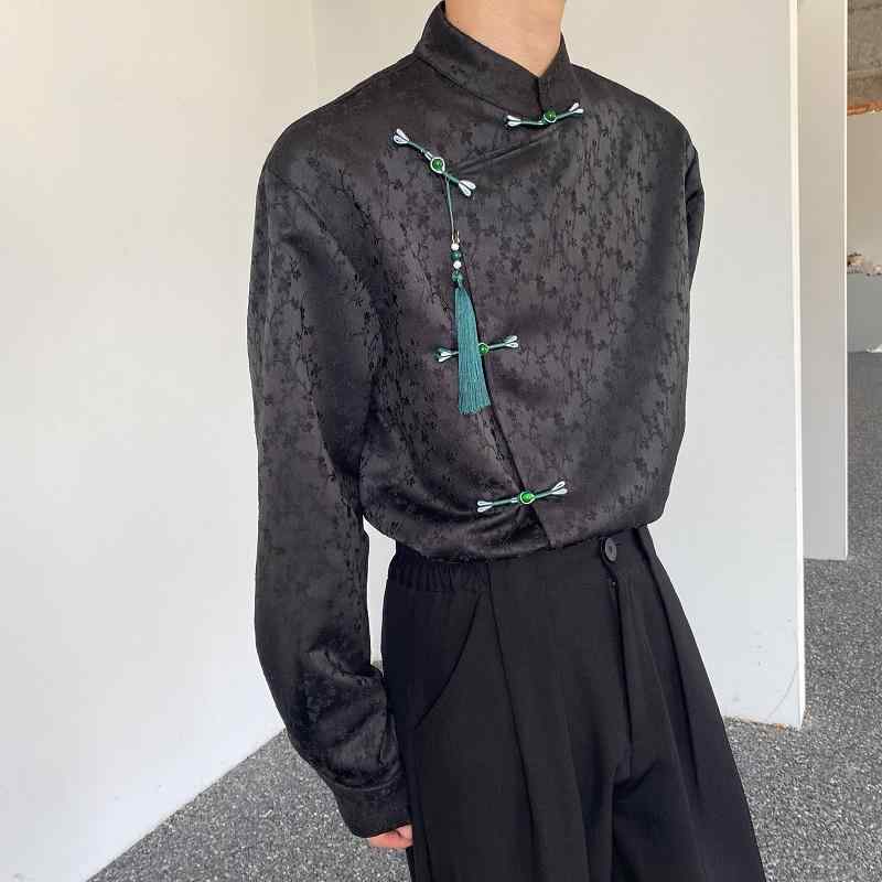 シャツ メンズ 秋 長袖 トップス おしゃれ 中国 サテン ジャカード ディスク ボタン スタンドカラー 男性 女性 タッセル プレス 前立て 中華風