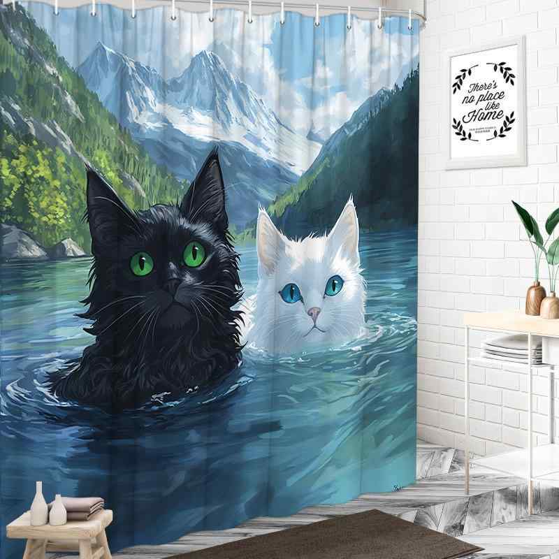 シャワーカーテン ポリエステル素材 防水 防カビ 軽量 速乾 モダン シンプル おしゃれ 山と湖 白黒猫 モノクロデザイン バスルーム お風呂 ユニットバス用 多サイズ展開