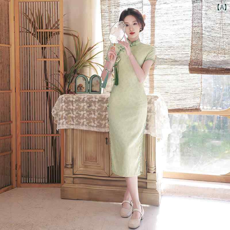 レディース 夏 チャイナ ドレス エレガント パフォーマンス 民族服 グリーン レース ヤング レトロ 普段 エレガンス 小さい フレッシュ