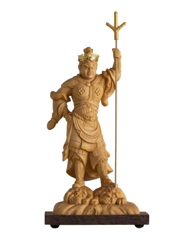 極小仏 泥足毘沙門天 13cm（木製：ツゲ 金泥仕上）＿多聞天 上杉謙信 仏像 フィギュア 木彫り 置物（GSBどろあしびしゃもんてん
