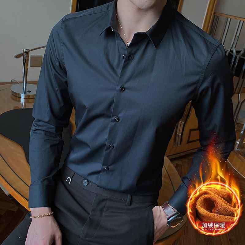 シャツ メンズ 冬 フォーマル 長袖 裏起毛 大きめサイズ ビジネス 韓国 スリム 厚手 暖かい 新郎 花婿 付添人 ウェア