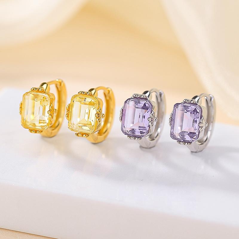 ピアス イヤリング イヤーカフ レディース S925純銀 ゴールドメッキ 天然紫水晶 黄水晶 スクエア 竹葉..